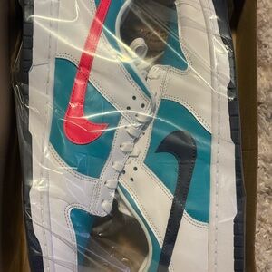 Nike White and Teal Sneakers with Pink and Black Swooshes